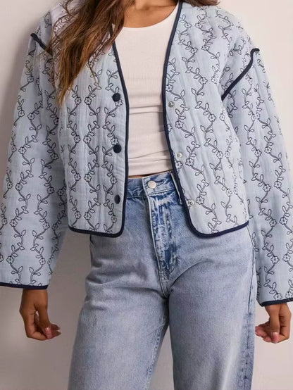 New Women'S Clothing European and American Style Fashion Simple All-Match Casual Printed Long Sleeve Cotton Jacket