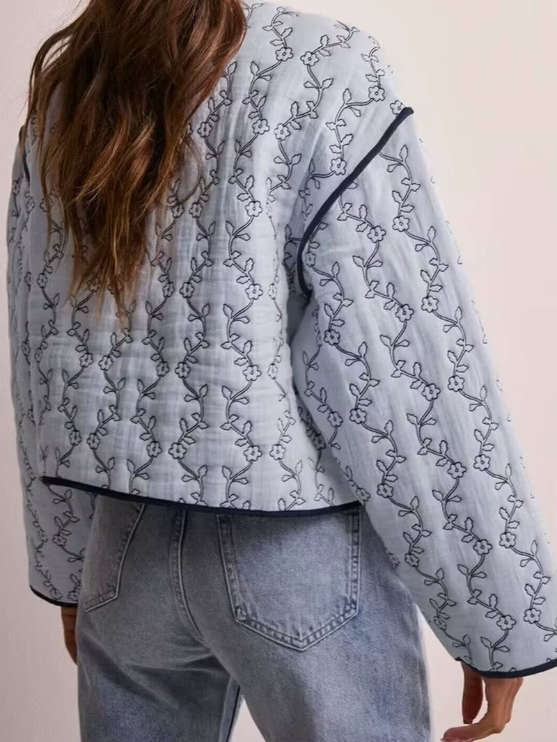 New Women'S Clothing European and American Style Fashion Simple All-Match Casual Printed Long Sleeve Cotton Jacket