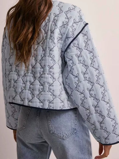 New Women'S Clothing European and American Style Fashion Simple All-Match Casual Printed Long Sleeve Cotton Jacket