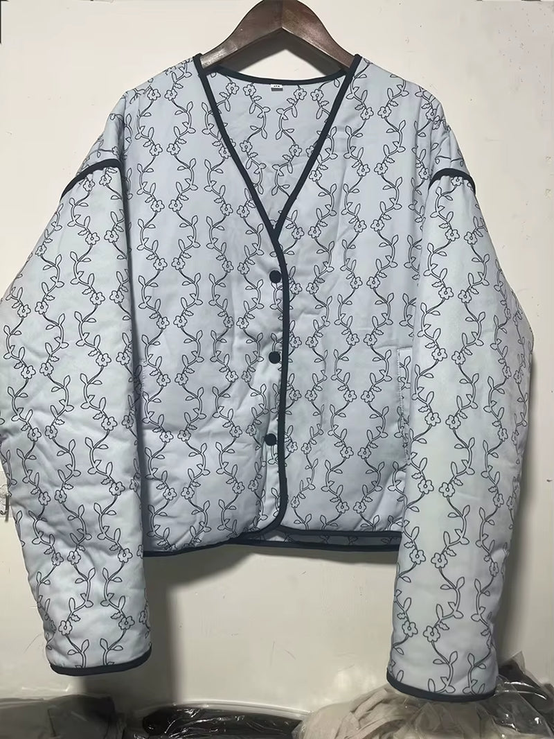 New Women'S Clothing European and American Style Fashion Simple All-Match Casual Printed Long Sleeve Cotton Jacket