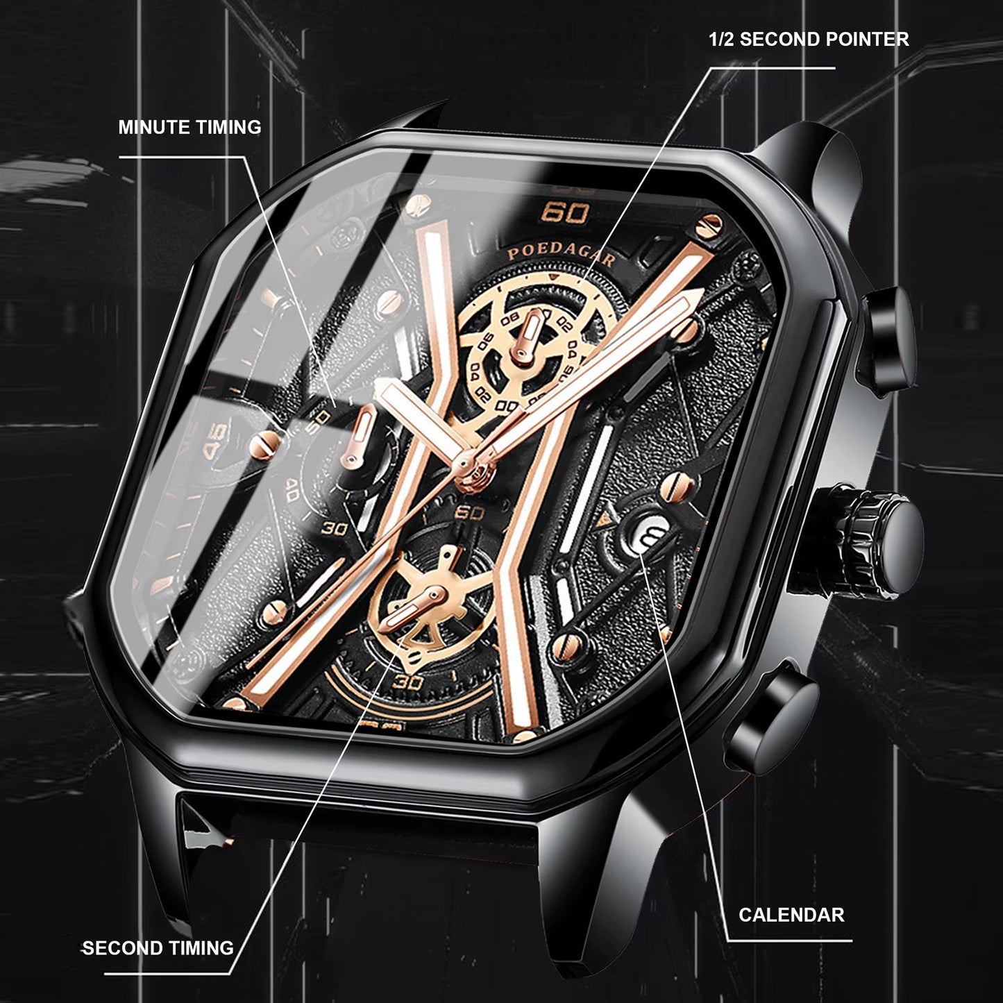 Fashion Men Wristwatches Luxury Chronograph Luminous Waterproof Date Man Watch Square Dial Leather Quartz Men'S Watches